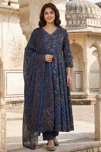 Anouk blue printed pure cotton floor-length anarkali kurta set with dupatta