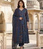 Anouk blue printed pure cotton floor-length anarkali kurta set with dupatta