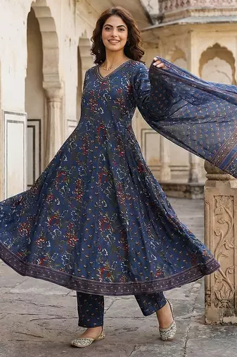 blue printed pure cotton floor-length anarkali kurta set with dupatta