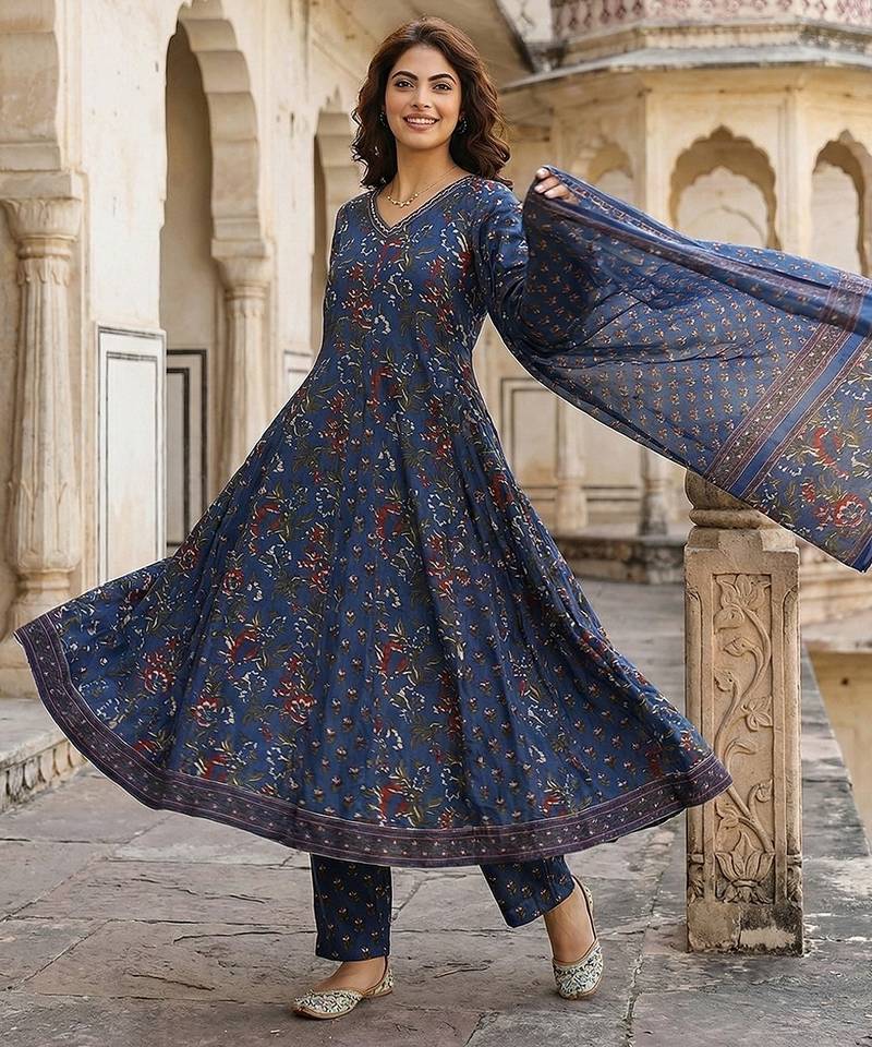 Anouk blue printed pure cotton floor-length anarkali kurta set with dupatta