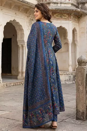 blue printed pure cotton floor-length anarkali kurta set with dupatta