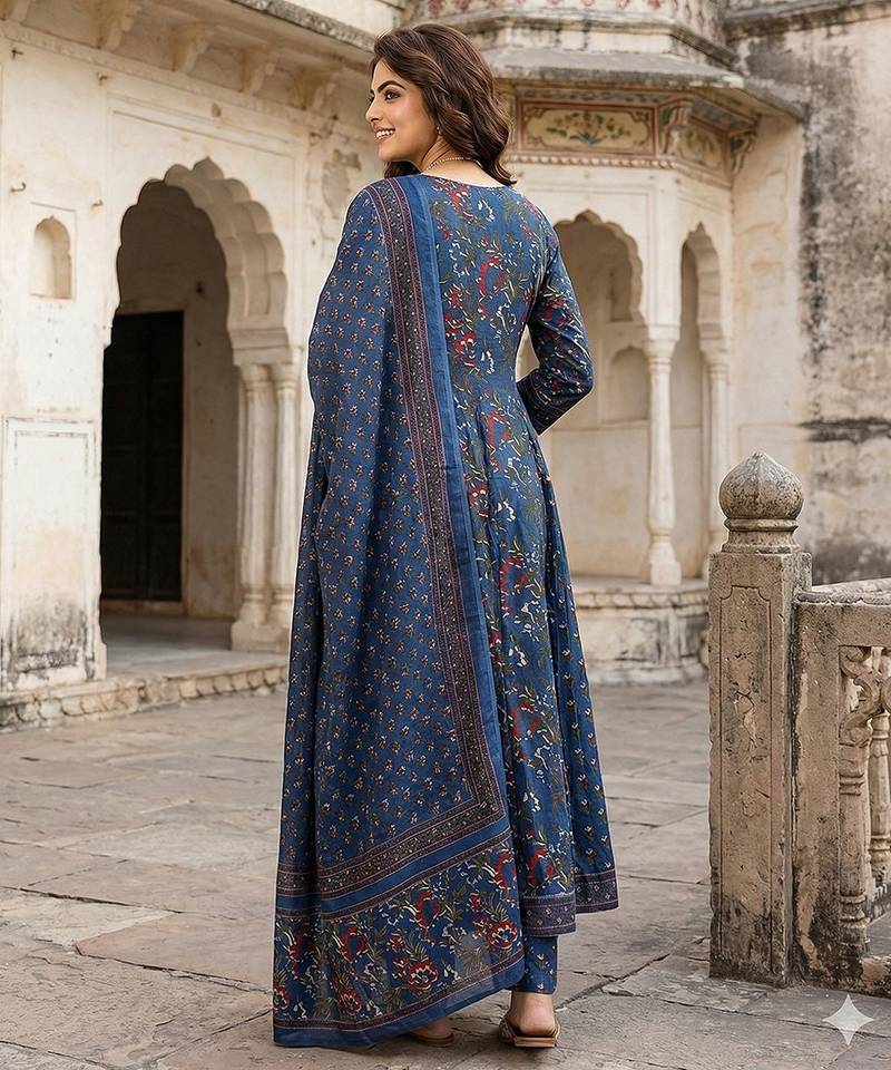Anouk blue printed pure cotton floor-length anarkali kurta set with dupatta