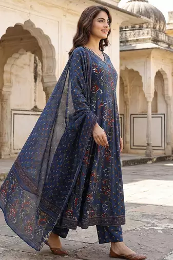 blue printed pure cotton floor-length anarkali kurta set with dupatta