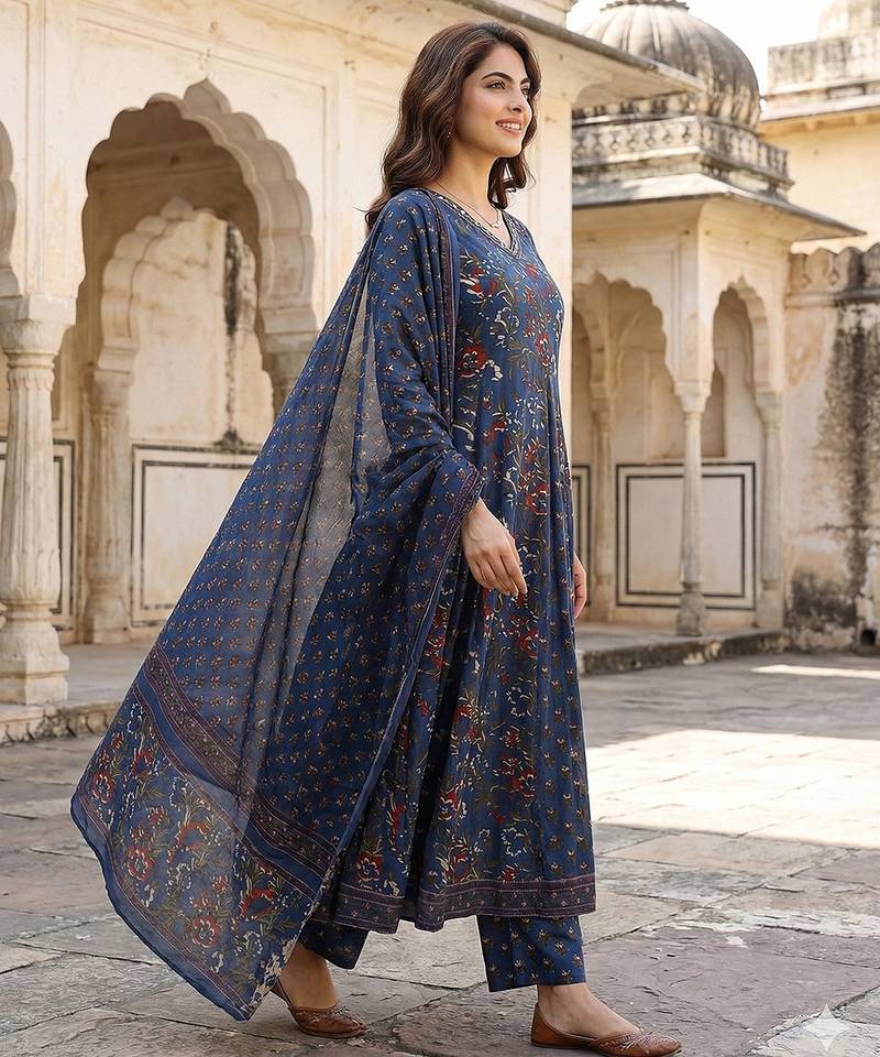 Anouk blue printed pure cotton floor-length anarkali kurta set with dupatta