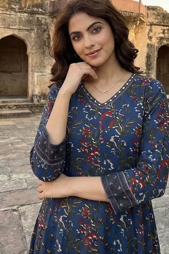 blue printed pure cotton floor-length anarkali kurta set with dupatta