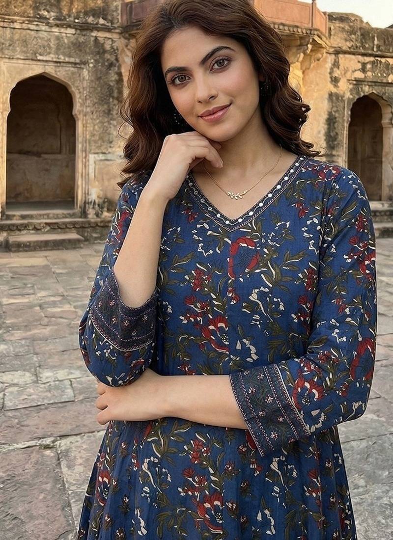 Anouk blue printed pure cotton floor-length anarkali kurta set with dupatta