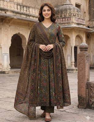 mehndi green printed pure cotton floor-length anarkali kurta set with dupatta 1