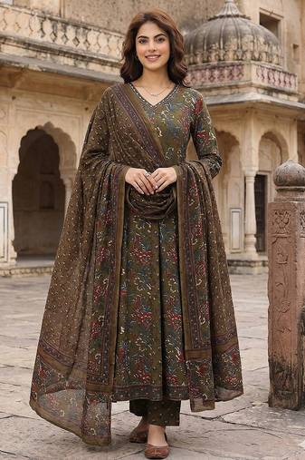 Anouk mehndi green printed pure cotton floor-length anarkali kurta set with dupatta