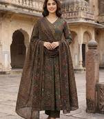 Anouk mehndi green printed pure cotton floor-length anarkali kurta set with dupatta