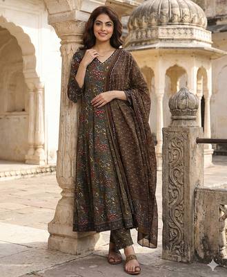 mehndi green printed pure cotton floor-length anarkali kurta set with dupatta 2