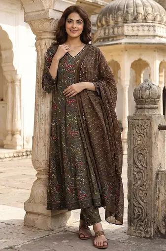 mehndi green printed pure cotton floor-length anarkali kurta set with dupatta
