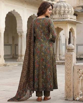 mehndi green printed pure cotton floor-length anarkali kurta set with dupatta 3
