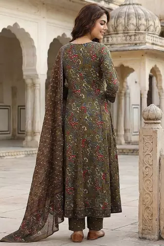 mehndi green printed pure cotton floor-length anarkali kurta set with dupatta