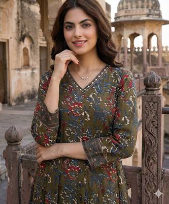 mehndi green printed pure cotton floor-length anarkali kurta set with dupatta 4
