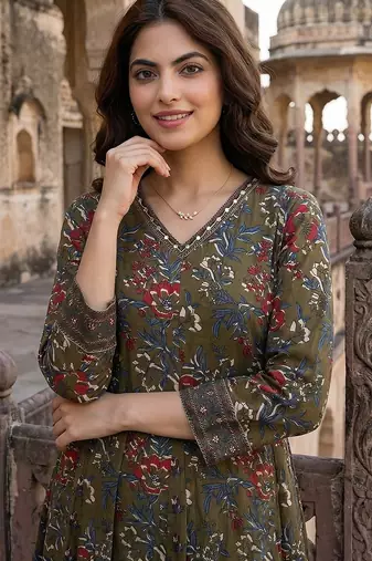 mehndi green printed pure cotton floor-length anarkali kurta set with dupatta