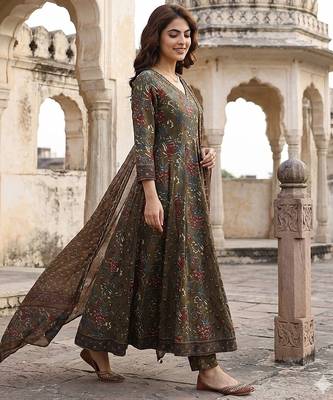 mehndi green printed pure cotton floor-length anarkali kurta set with dupatta 5