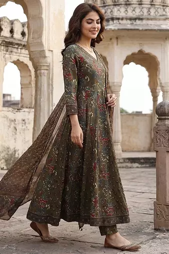 mehndi green printed pure cotton floor-length anarkali kurta set with dupatta