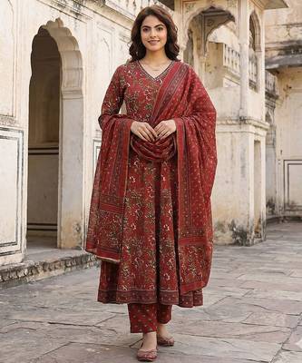 maroon printed pure cotton floor-length anarkali kurta set with dupatta 1