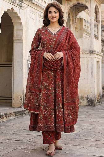 Anouk maroon printed pure cotton floor-length anarkali kurta set with dupatta