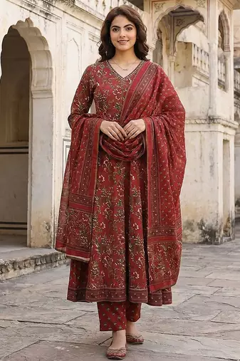Anouk maroon printed pure cotton floor-length anarkali kurta set with dupatta
