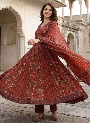 maroon printed pure cotton floor-length anarkali kurta set with dupatta 2