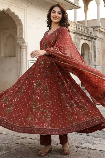 maroon printed pure cotton floor-length anarkali kurta set with dupatta