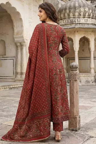maroon printed pure cotton floor-length anarkali kurta set with dupatta