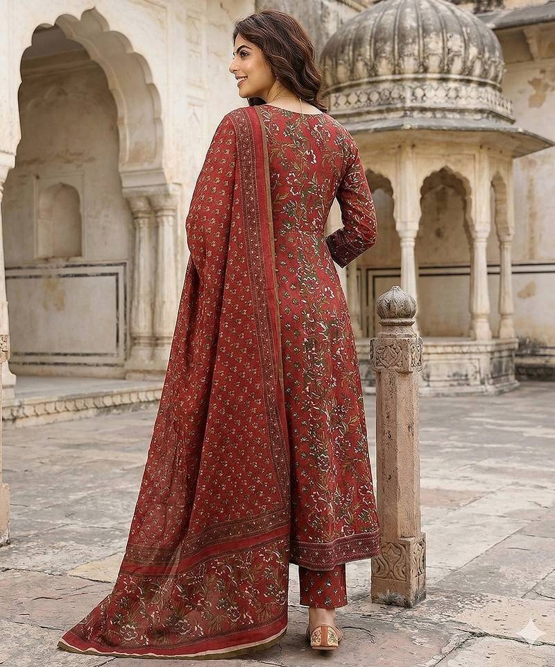 Anouk maroon printed pure cotton floor-length anarkali kurta set with dupatta