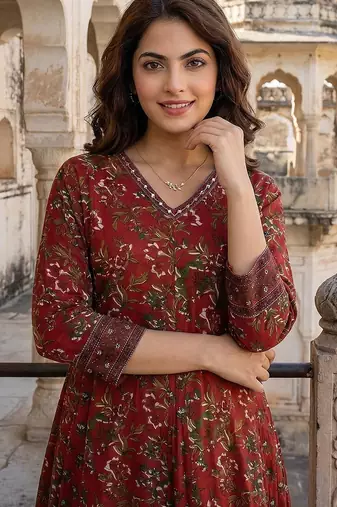 maroon printed pure cotton floor-length anarkali kurta set with dupatta