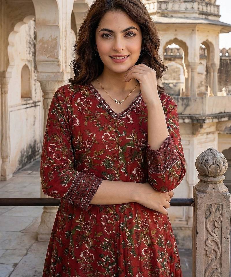 Anouk maroon printed pure cotton floor-length anarkali kurta set with dupatta