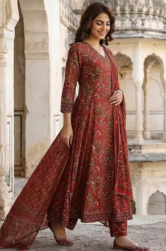 maroon printed pure cotton floor-length anarkali kurta set with dupatta