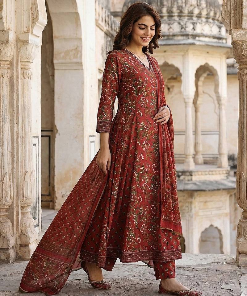 Anouk maroon printed pure cotton floor-length anarkali kurta set with dupatta