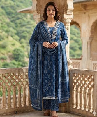 blue printed pure cotton anarkali kurta set with dupatta 1