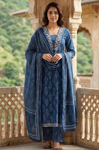 Anouk blue printed pure cotton anarkali kurta set with dupatta