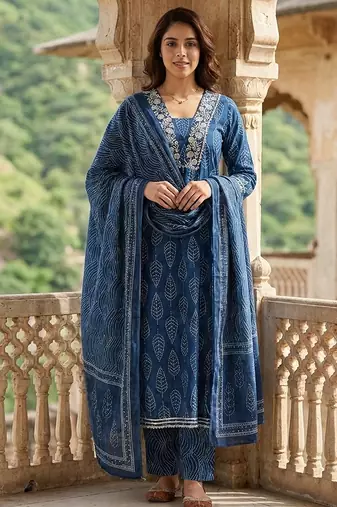 Anouk blue printed pure cotton anarkali kurta set with dupatta