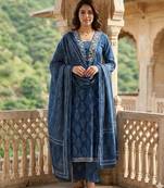 Anouk blue printed pure cotton anarkali kurta set with dupatta