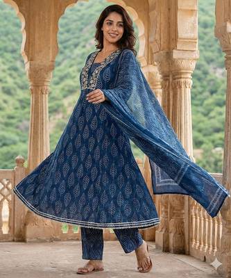 blue printed pure cotton anarkali kurta set with dupatta 2