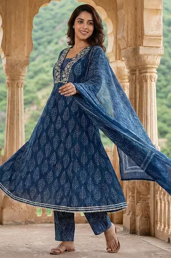 blue printed pure cotton anarkali kurta set with dupatta