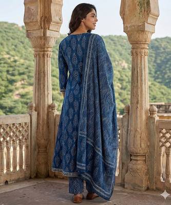 blue printed pure cotton anarkali kurta set with dupatta 3