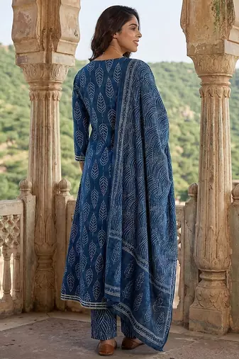 blue printed pure cotton anarkali kurta set with dupatta