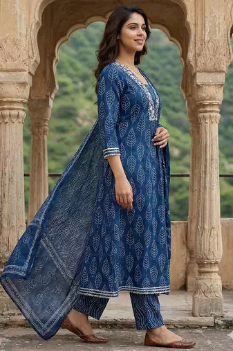 blue printed pure cotton anarkali kurta set with dupatta