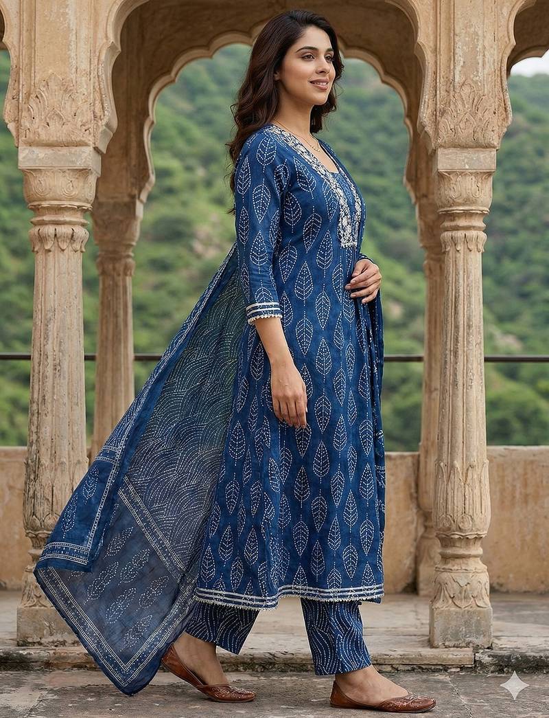 Anouk blue printed pure cotton anarkali kurta set with dupatta