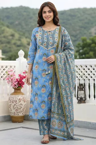 Anouk blue printed pure cotton straight kurta set with dupatta