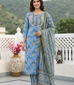 Anouk blue printed pure cotton straight kurta set with dupatta