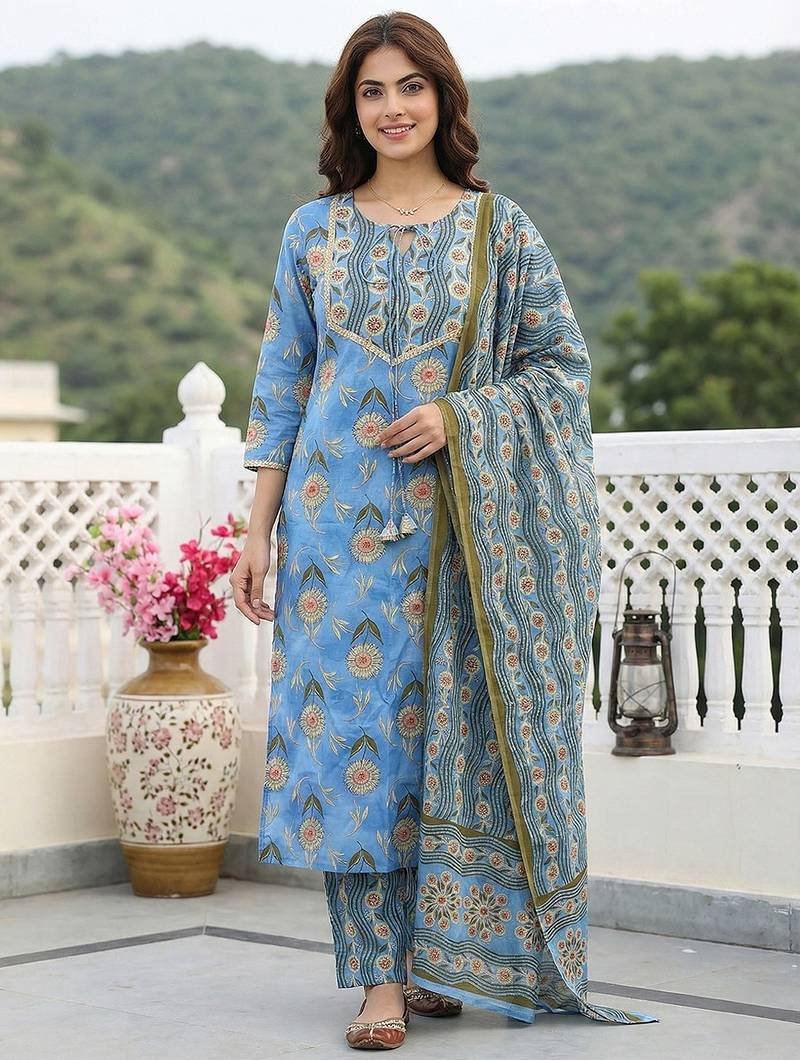 Anouk blue printed pure cotton straight kurta set with dupatta