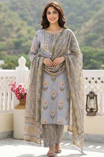 Anouk grey printed pure cotton straight kurta set with dupatta