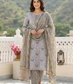 Anouk grey printed pure cotton straight kurta set with dupatta