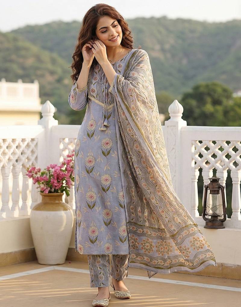 Anouk grey printed pure cotton straight kurta set with dupatta