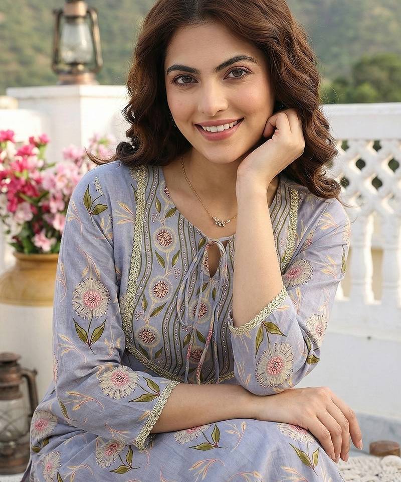 Anouk grey printed pure cotton straight kurta set with dupatta