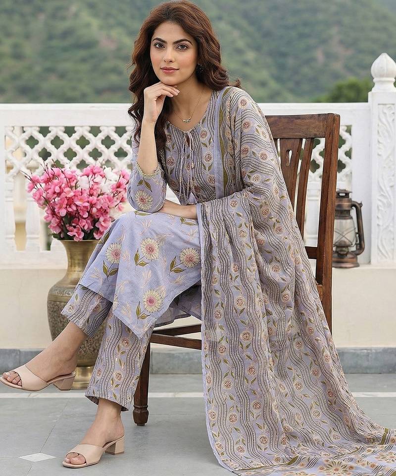 Anouk grey printed pure cotton straight kurta set with dupatta